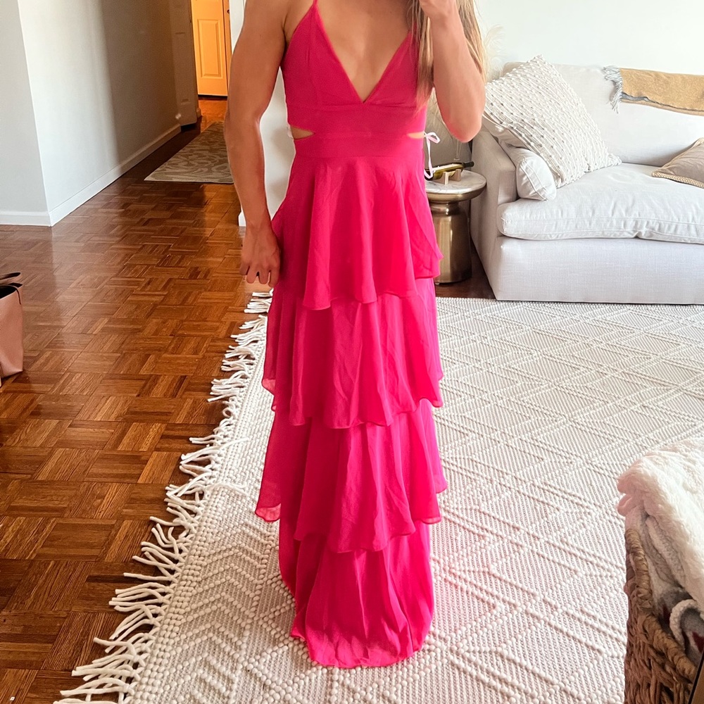 STUNNING Magenta Ruffle Tiered Open Back Dress